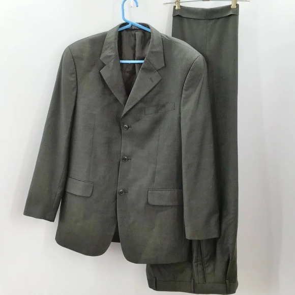 Mens Jones New York Suit 40R Pants 35/28.5 Wool Cashmere Blend Green Houndstooth - Picture 1 of 16